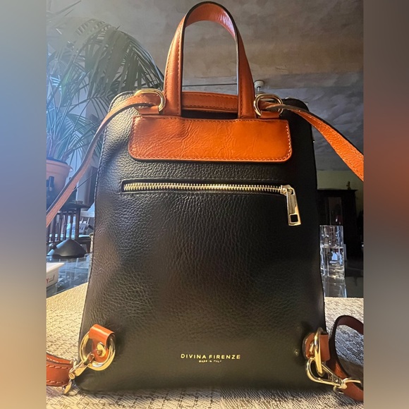 NWOT Divina Firenze Made in Italy Black and Orange Leather Convertible Backpack - Picture 2 of 13